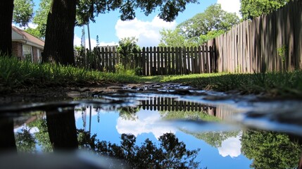 Obraz premium Backyard with standing water reflecting the surrounding trees and sky, capturing the serene beauty of nature's reflection and the tranquility of a still moment.
