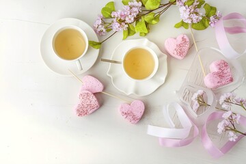 Heart shape marshmallows and cups with tea romantic composition white background