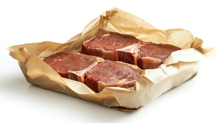 A package of fresh beef steaks wrapped in butcher paper, resting on a clean white background, highlighting quality and freshness.