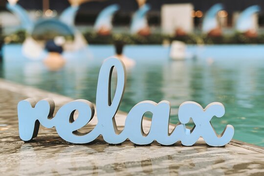 Fototapeta Inscriptions relax blue in blurred pool background