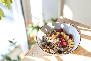 Sunlight through the window hits a bowl of muesli