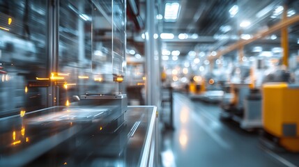 Busy industrial warehouse with conveyor belts and machinery in motion