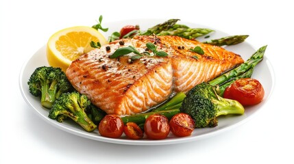 A perfectly roasted salmon steak on a plate surrounded by fresh asparagus, broccoli, and cherry tomatoes, placed on a clean white background. Nutritious and vibrant.