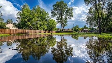 Obraz premium Backyard with standing water reflecting the surrounding trees and sky, capturing the serene beauty of nature's reflection and the tranquility of a still moment.