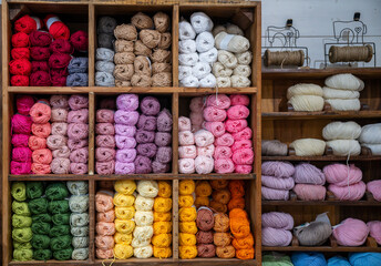 many colorful yarn on shelves for handmade knitting