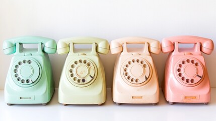 Vintage Rotary Dial Phones in Pastel Colors on White Background