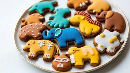 A plate of animal-shaped cookies, including elephants and lions, decorated with colorful icing, arranged on a clean white background. Fun and festive.