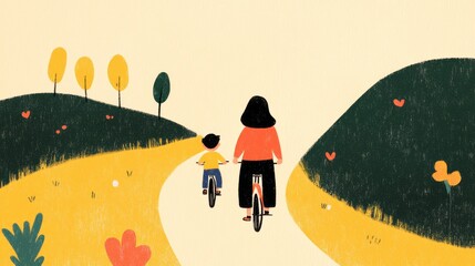 Family riding bikes with son in the middle on a scenic path with flowers and trees.