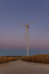 A wind turbine stands tall in a field of crops during twilight