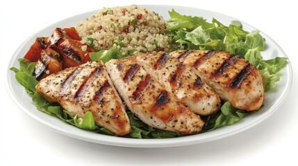 A plate of grilled chicken breast with a side of quinoa and mixed greens, placed on a white background. Lean and protein-packed.