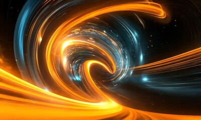 Abstract swirling orange and blue light streaks on a black background. - Powered by Adobe