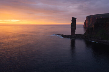 Sunset overlooking Old Man of Hoy sea stack, Hoy, Orkney, Scotland