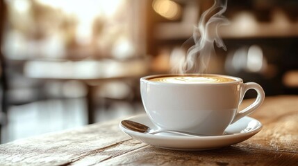 Fototapeta premium Steaming cup of coffee with a saucer and spoon, placed on a cozy cafÃ© table with a blurred background