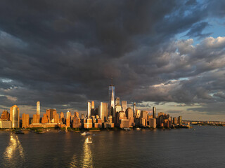 NYC, New York City Skyline with dramatic sky. American Urban Skyscrapers USA near dramatic clouds....