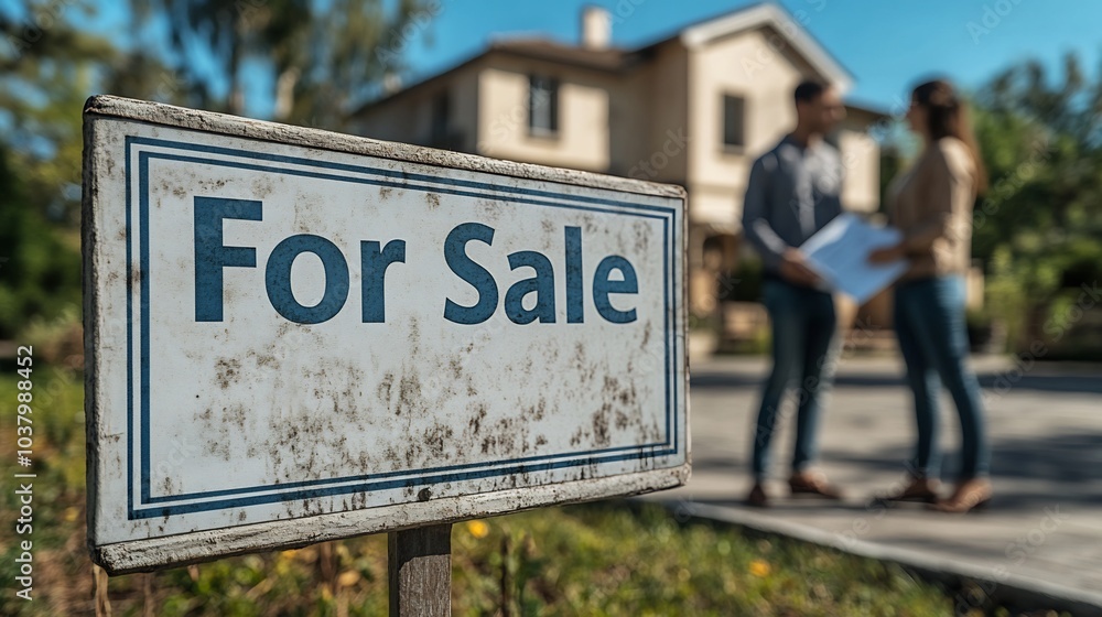Aufkleber real estate agent showing a property to a couple with a for sale sign prominently displayed with doc