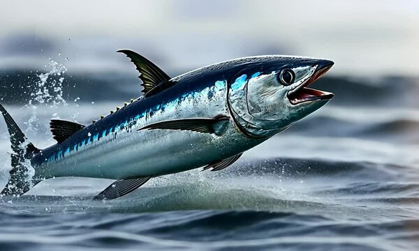 A large tuna leaps out of the water with its mouth open and its fins spread.
