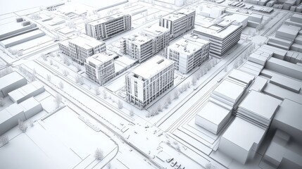 Aerial view of a modern urban development model showcasing buildings and infrastructure.