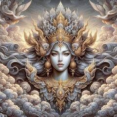 Obraz premium Celestial Goddess of the Skies: An Ethereal Blend of Divine Elegance and Majestic Gold Adornments Surrounded by Cloudy Mystique and Serene Beauty