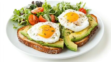 A trendy brunch plate with avocado toast, poached eggs, and a side salad, set against a white background. Fresh, modern, and healthy.