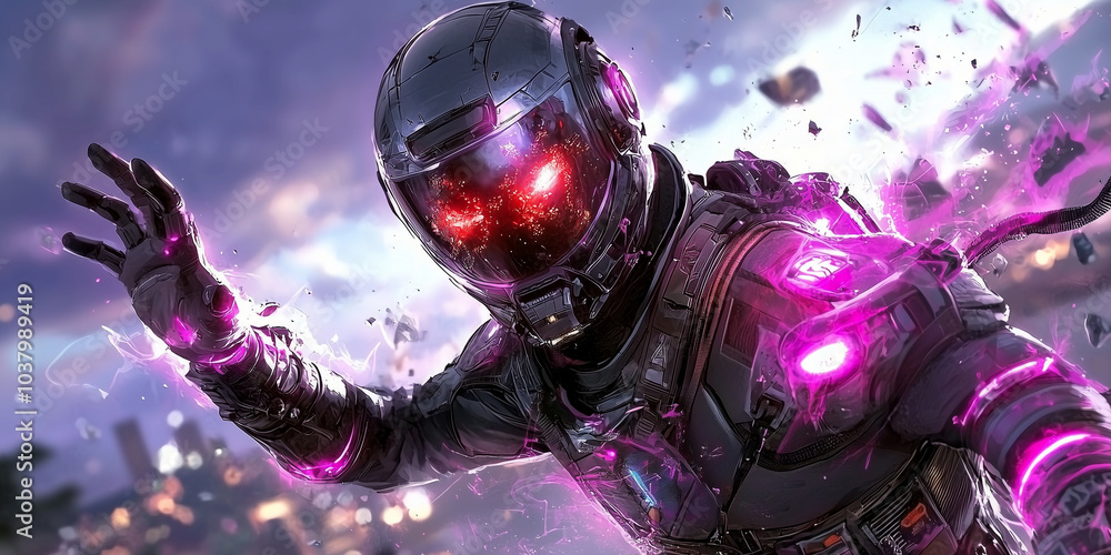 Poster futuristic astronaut with glowing red eyes and sleek suit is depicted in dynamic pose, surrounded by