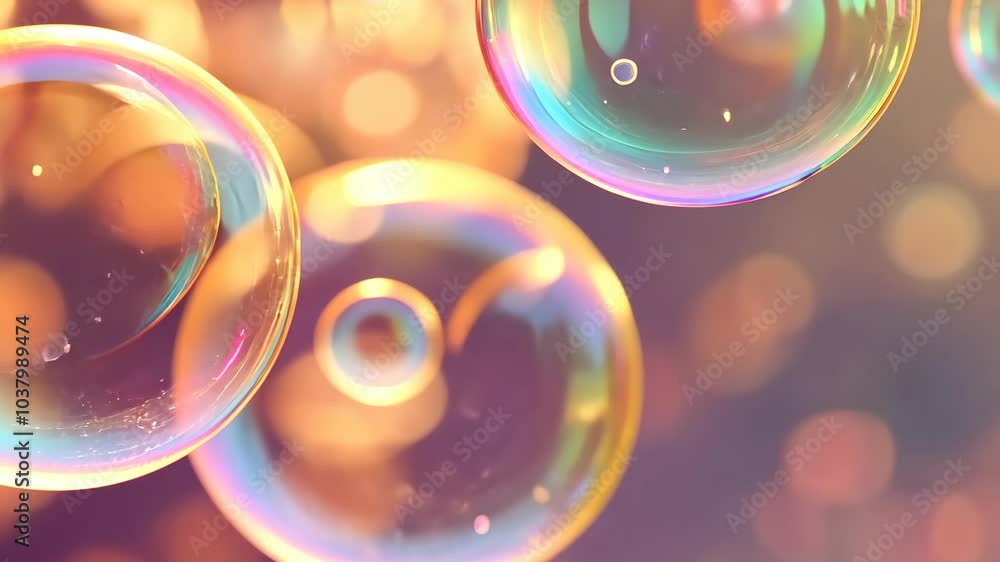 Poster a close-up of iridescent soap bubbles floating against a blurred background