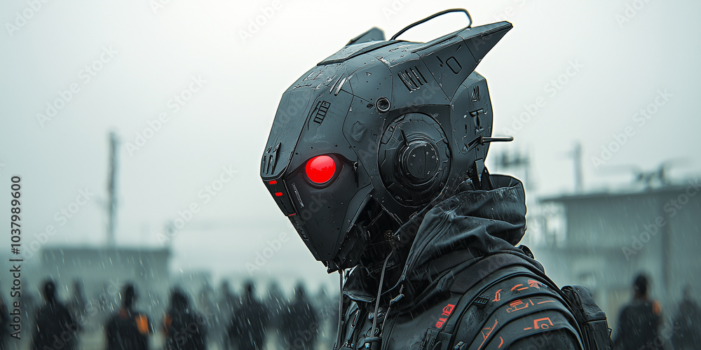 Poster futuristic robot with sleek design and glowing red eyes stands in misty environment, surrounded by shadowy figures. atmosphere is mysterious and intense, evoking sense of advanced technology and
