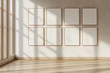 Bright Interior With Empty Frames on a Wall and Sunlight Casting Shadows in a Contemporary Setting