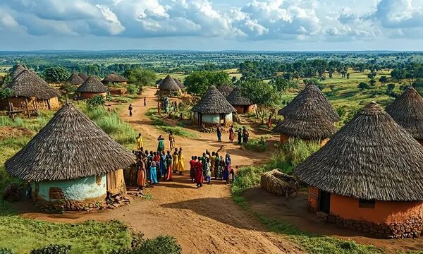 African village with round huts made of mud and thatch, surrounded by trees and farmland. People walking around on the dirt roads.