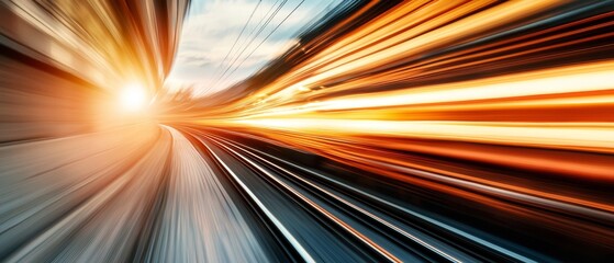   a train track with a radiant light source at its center and a blue sky as the backdrop