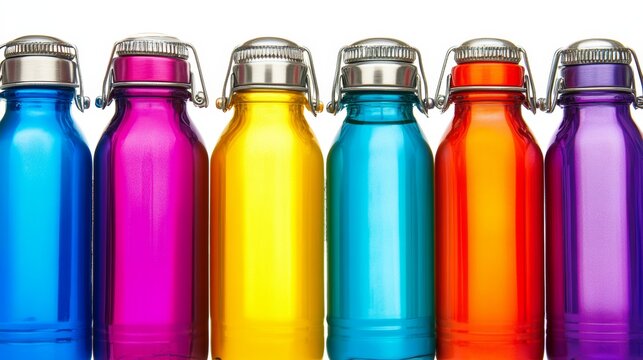 Colorful Glass Bottles with Metal Caps   Row of Six   White Background