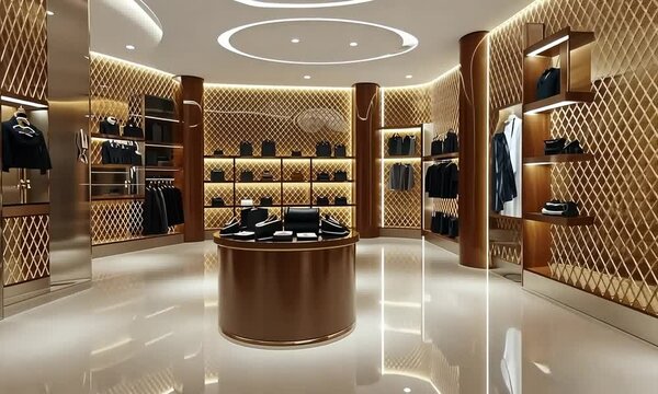 Modern luxury store interior with  geometric pattern wall, wooden shelves, glossy floor, display mannequins with suits, purses, and bags.