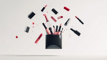 Fototapeta na wymiar Different makeup products and turquoise cosmetic bag in air on color background,Makeup brushes,cosmetic banner concept, pouch, eyeshadow palette, and powder compacts.