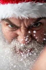  A tight shot of someone donning a Santa hat, covered in falling snowflakes, revealing a taken-aback expression