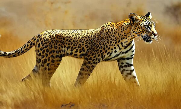 A large leopard walks through tall golden grass with a determined expression.