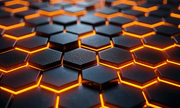 Abstract black honeycomb pattern with glowing orange lines.