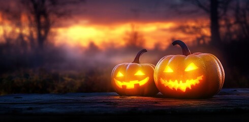Spooky Halloween Pumpkins on Wooden Table Against Foggy Forest Background - Autumn Landscape at Sunset - Horror Party Banner Template