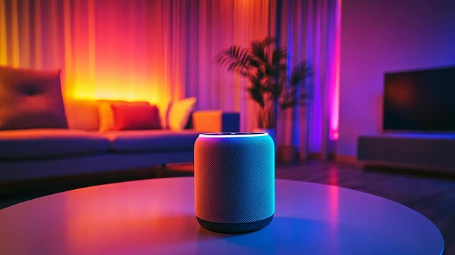 A smart speaker sits on a table in a living room, with colorful lights illuminating the space