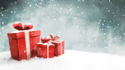 Festive red gift boxes in snowy winter scene with falling snowflakes