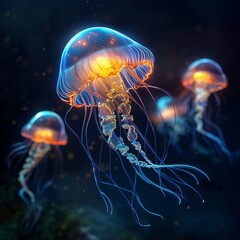 Naklejka premium A group of bioluminescent jellyfish swim in the dark ocean water. Their bodies glow with an ethereal light.