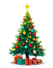 A colorful Christmas tree decorated with red and yellow ornaments, topped with a star, white background