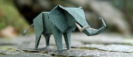 Fototapeta premium A tight shot of an origami elephant atop a weathered wood table, surrounded by out-of-focus foliage and a distant, indistinct tree