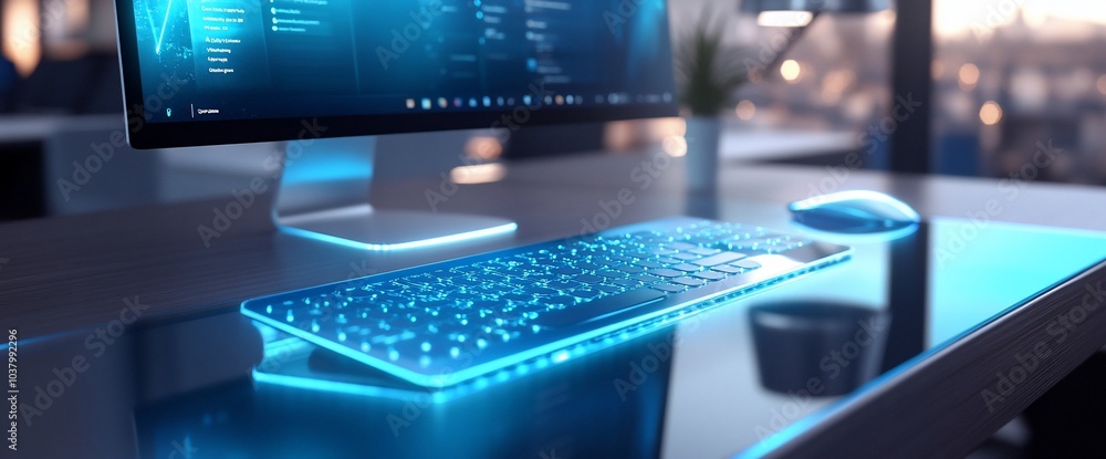Poster modern computer keyboard with blue backlight on a glass desk in an office.