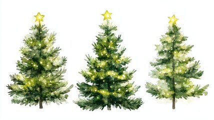 Obraz premium Collection of Christmas tree drawn with a brush on a white isolated background,greeting season and gift in christmas day,winter season,New Year decorations,fairy lights,copy space.