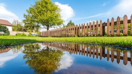Naklejka premium Backyard with standing water reflecting the surrounding trees and sky, capturing the serene beauty of nature's reflection and the tranquility of a still moment.