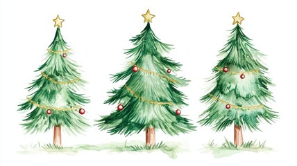 Obraz premium Collection of Christmas tree drawn with a brush on a white isolated background,greeting season and gift in christmas day,winter season,New Year decorations,fairy lights,copy space.
