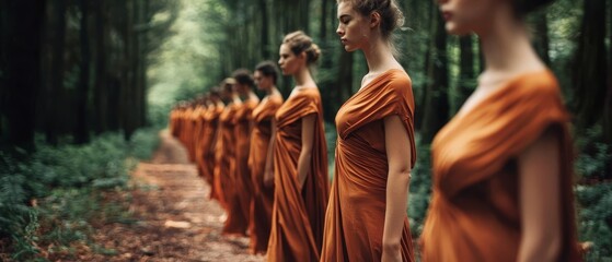  Women in orange dresses line up on a woodland path