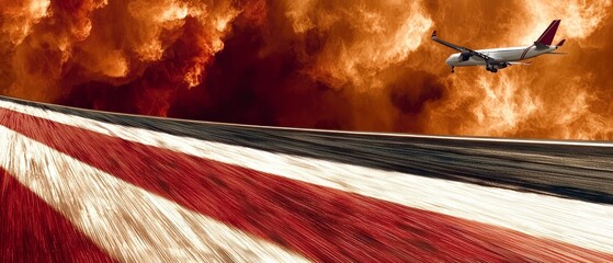  A large jetliner flies above a red and white striped land through cloudy skies, with another plane visible in the sky