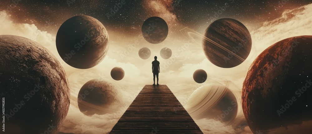 Canvas Prints a man posed at the pier's end against a vast backdrop of planets and stars