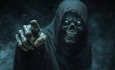 Dark Grim Reaper Pointing Finger at Viewer in Misty Horror Atmosphere