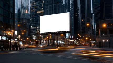 Vibrant Cityscape with Illuminated Skyscrapers and Blurred Traffic at Night